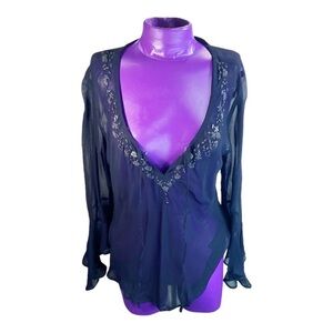 💖5 for $20 Karavan black sheer deep vneck vintage beaded long sleeve blouse M